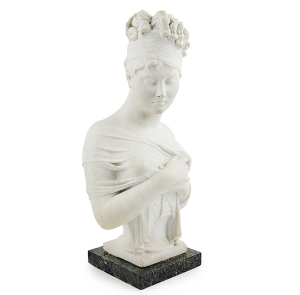 LOT 462 | WHITE MARBLE BUST OF MADAME RECAMIER, AFTER CHINARD | 19TH CENTURY on a square veined green marble plinth | 63cm high | £1,000 - £1,500 + fees